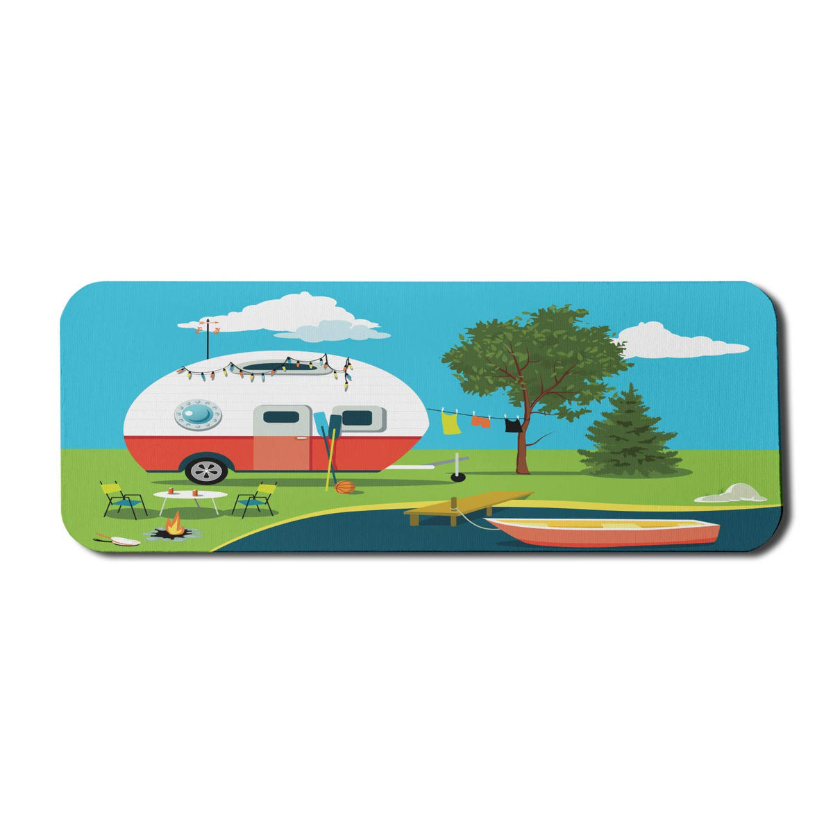 Lunarable Happy Camper Computer Mouse Pad, Cartoon Fishing Trip Scene Caravan Boat Pit Camping