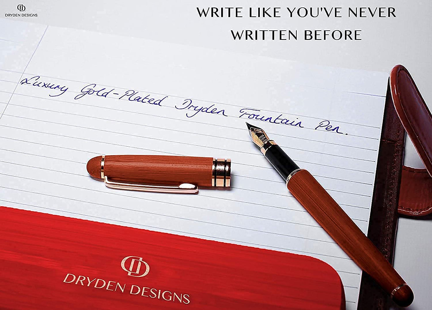 Dryden Designs Luxury Rosewood Fountain Pen with Ink Refill Converter and Gift Case - Smooth &