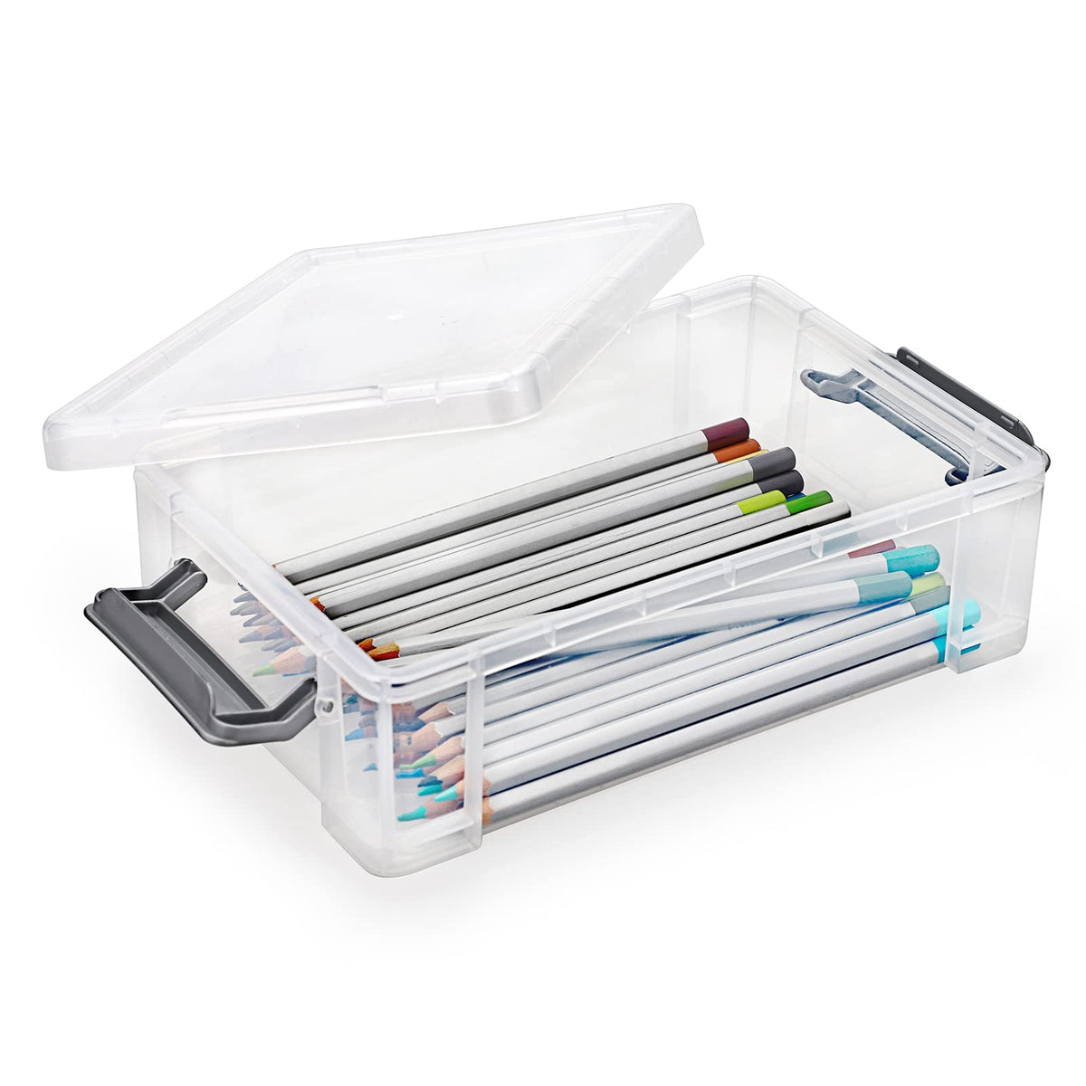 BTSKY 4 Pack Extra Large Plastic Pencil Box Stackable, Translucent, Grey