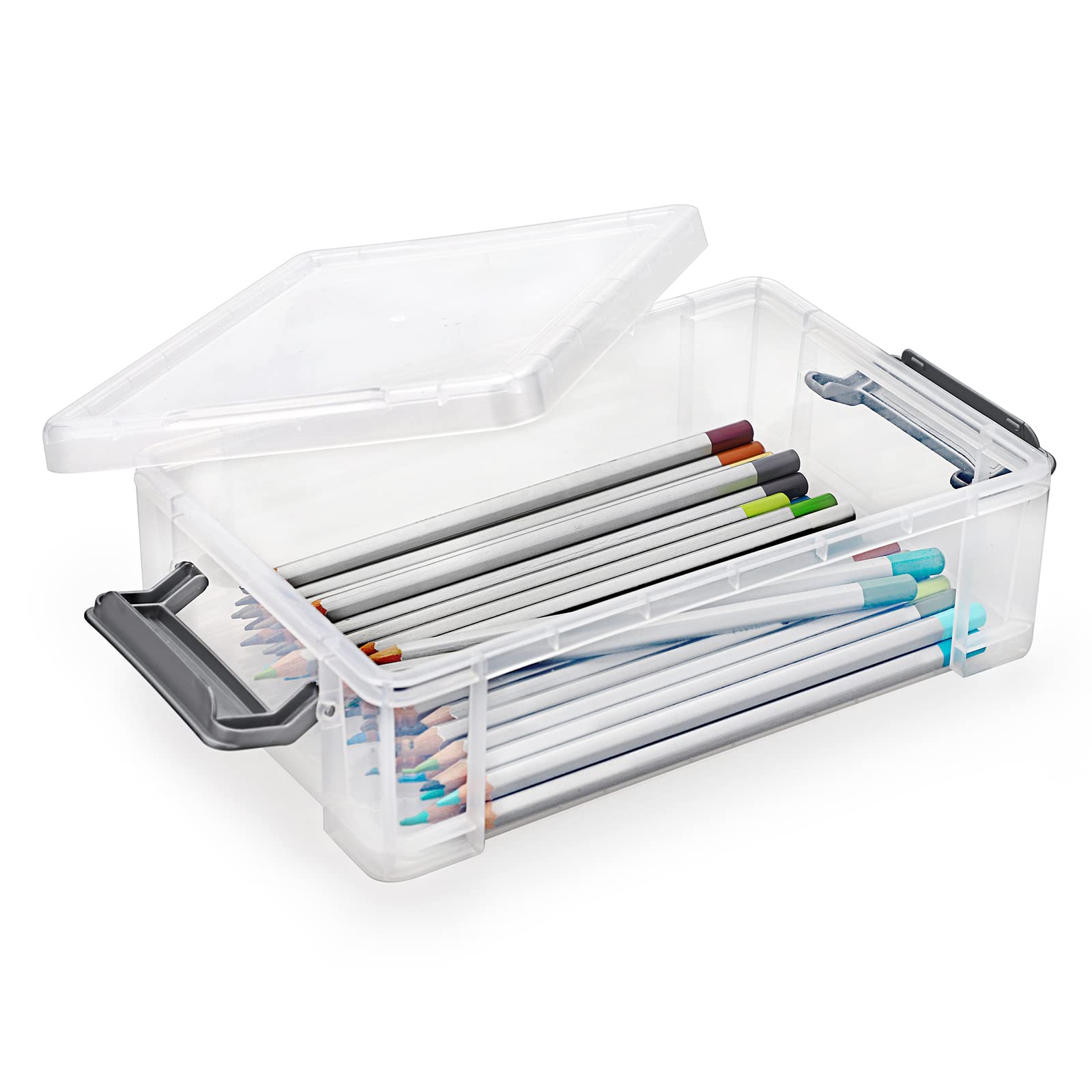 BTSKY 4 Pack Extra Large Plastic Pencil Box Stackable, Translucent, Grey