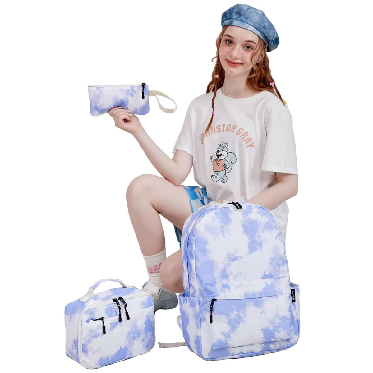 Imyth Backpack for Teen Girls School Gift Bookbag Lunch Box Pencil Bag 3 in 1 Set (Tie dye-Blue)