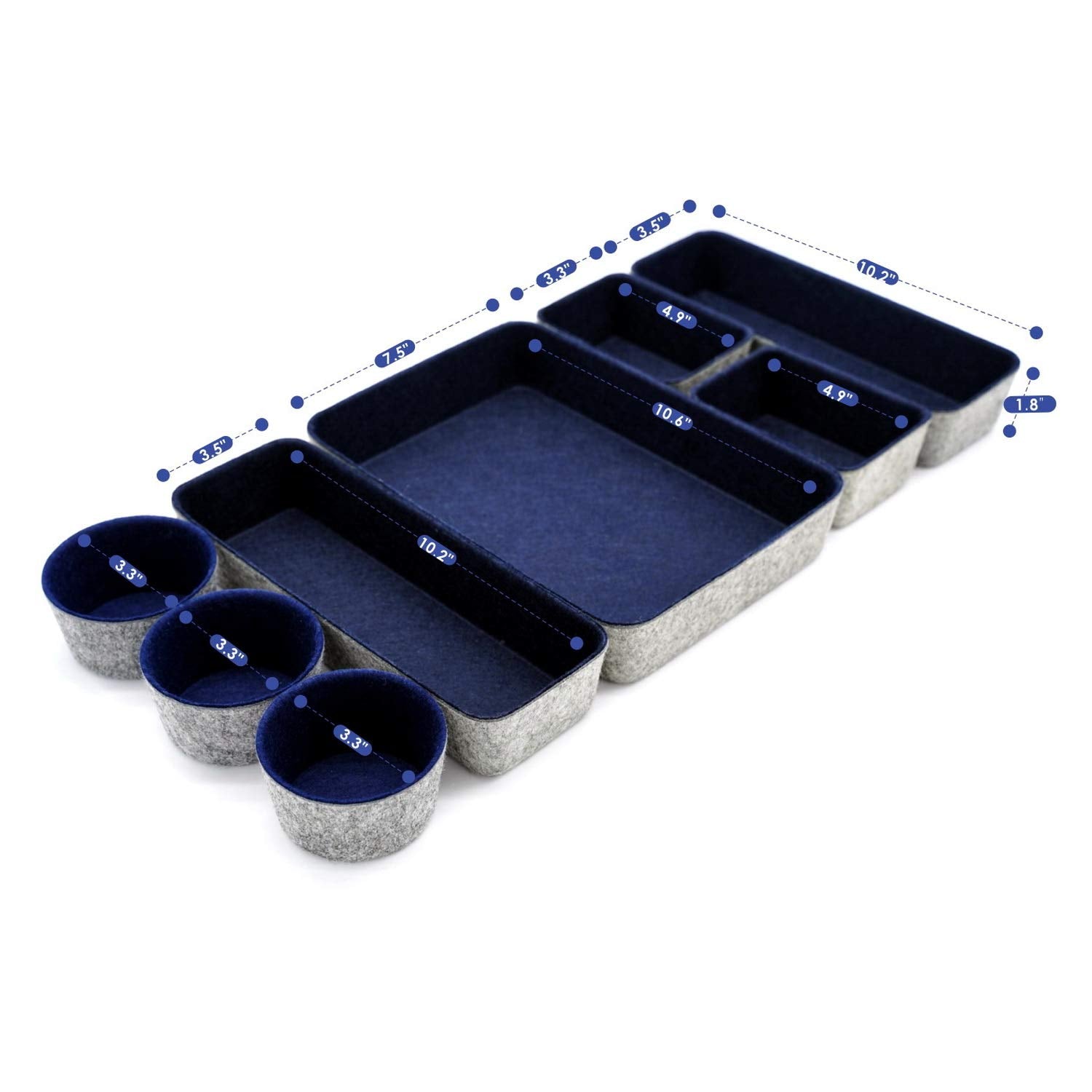 Welaxy 8pc office desk drawer organizer tray felt Storage bins Shallow Navy