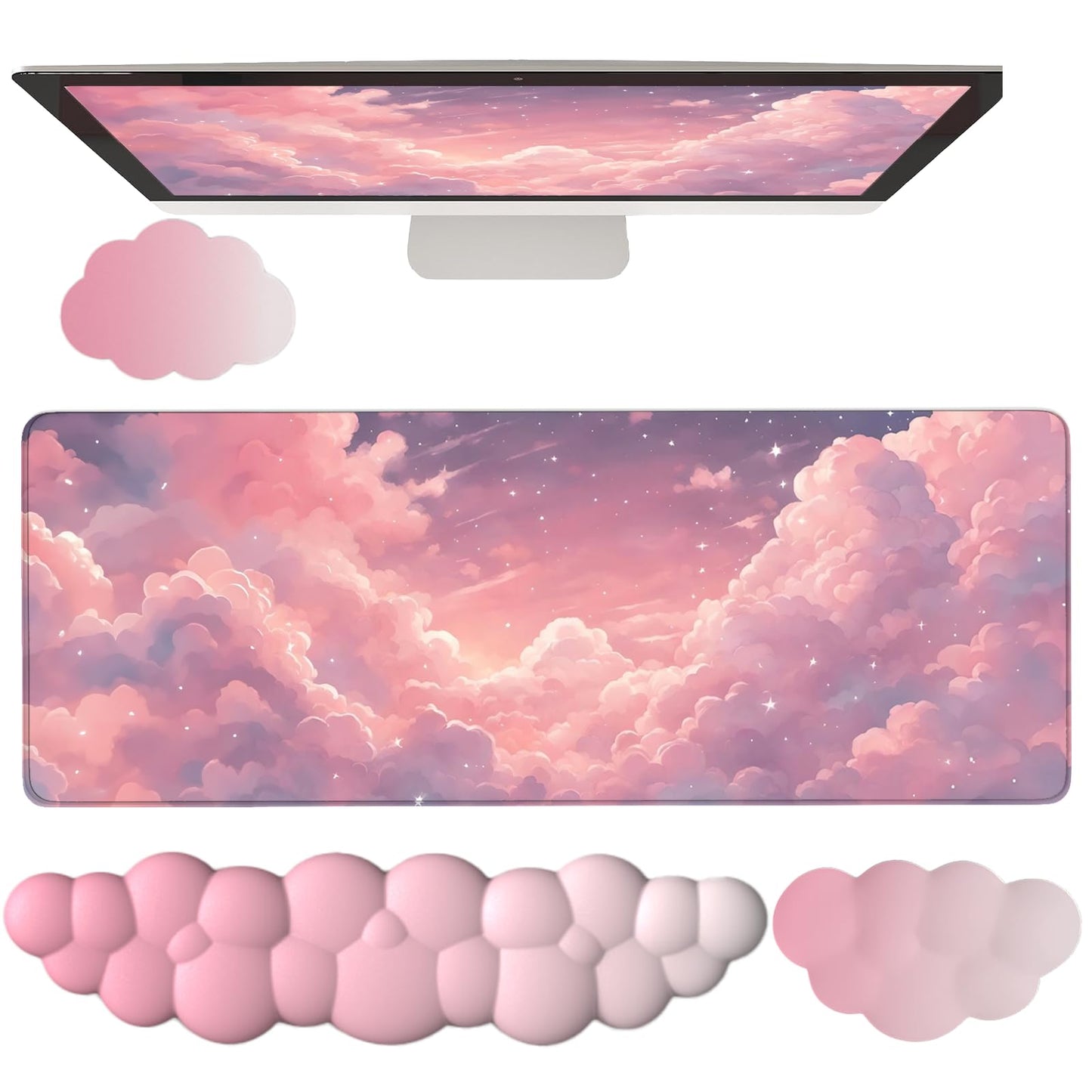 Pink Cloud Large Mouse Pad for Desk Cloud Keyboard Wrist Rest 4PCS Extended Cloud Desk Mat Pad Set
