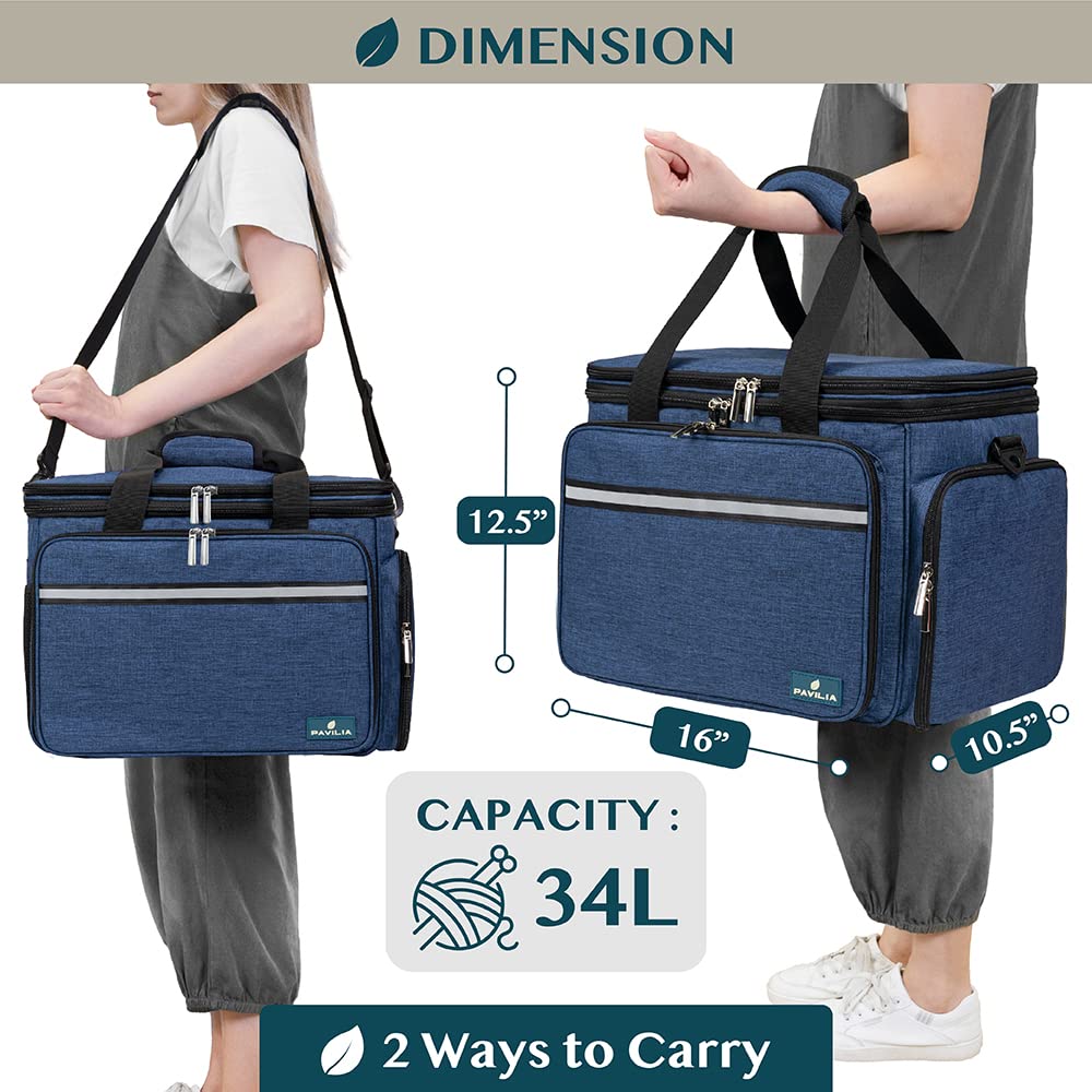 PAVILIA Large Knitting Yarn Storage Bag Crochet Organizer for Knitter, Navy