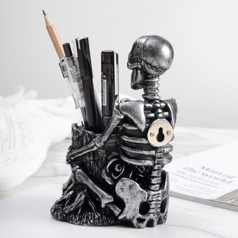 Arola Skull Pen Pencil Holder Skeleton Key Holder Makeup Brush Holder Home Office Desk Supplies