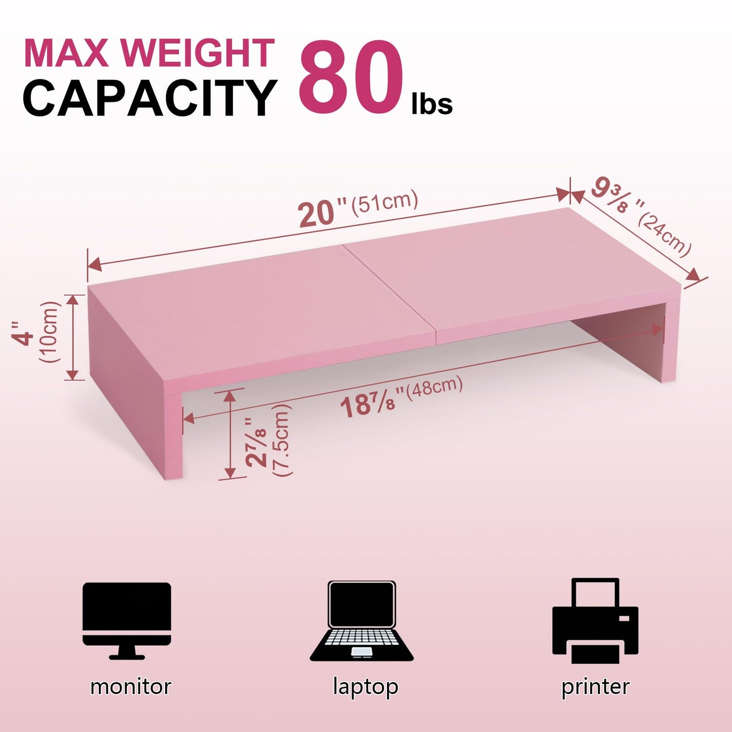 TEAMIX 2 Pack Pink Monitor Riser-20L inch, Cute Monitor Stand for Desk, Wood Sturdy