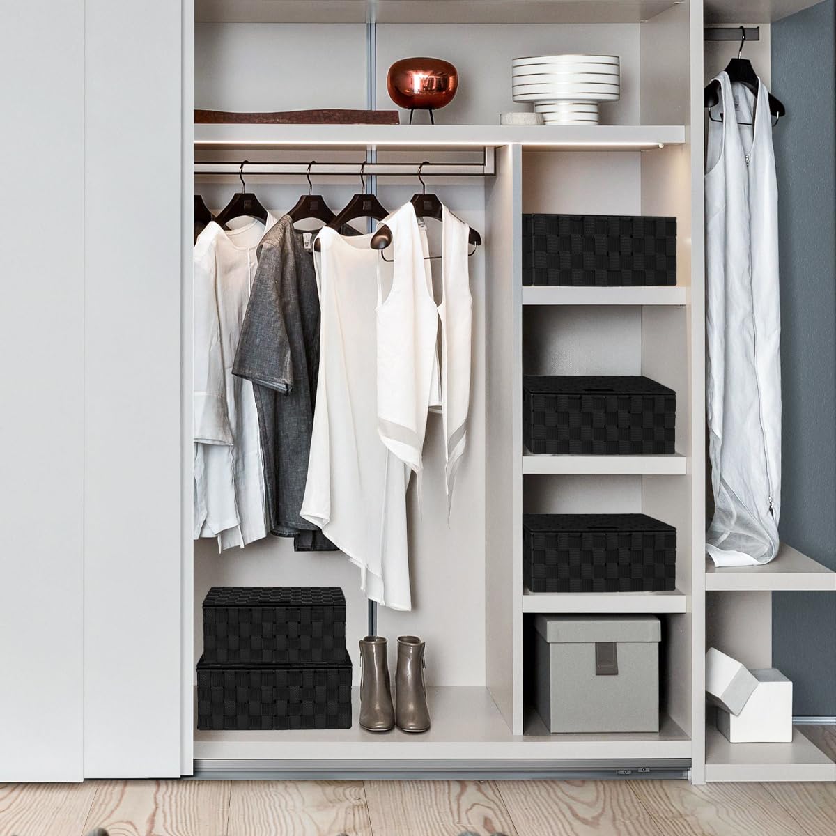 ArcaGuru Woven Storage Bins Basket Set of 4, Black Woven Storage Basket Organizer for Drawer