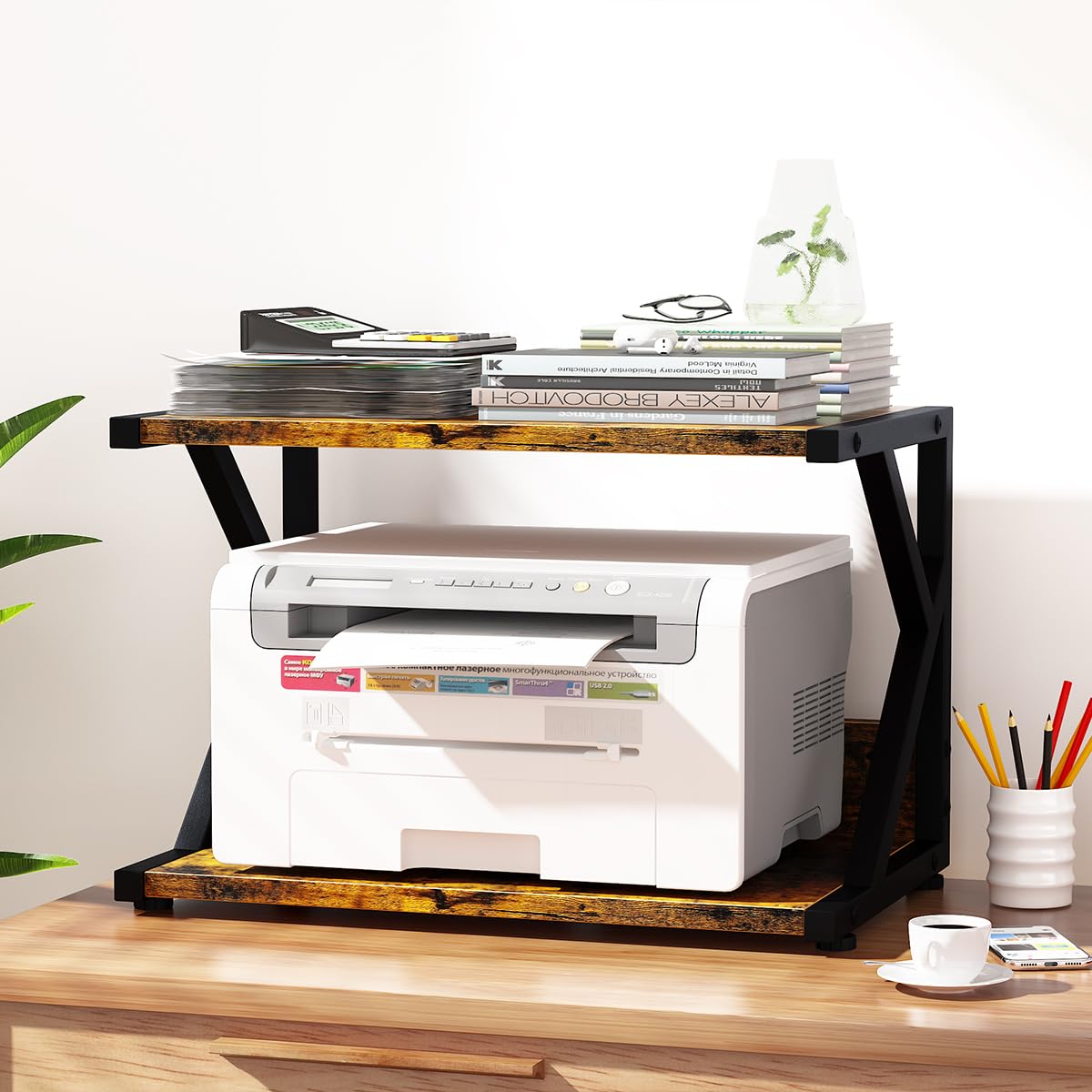 aboxoo Desktop Printer Stand with 2 Tier Wood Storage Shelves,Under Desk Printer