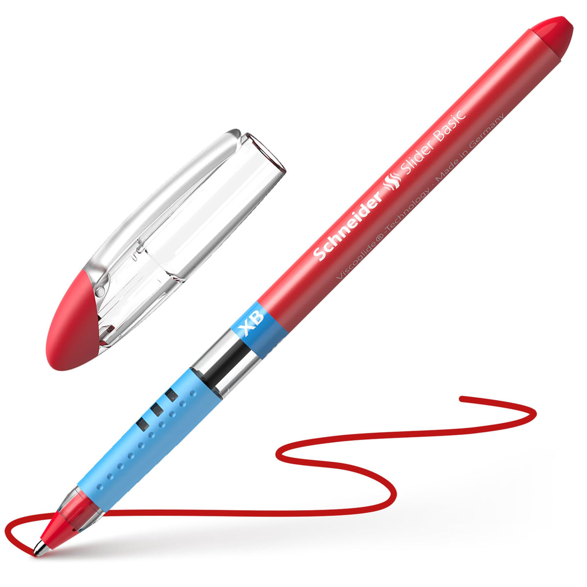 Schneider Slider Basic XB (Extra Broad) Ballpoint Pen, 1.4 mm, Light Blue Barrel, Red Ink, Box of