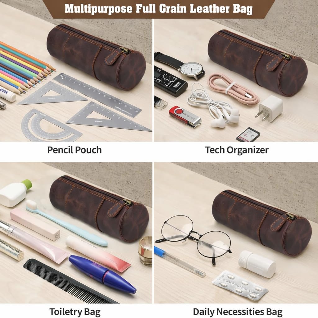 TheAntiq Brown Leather Pencil Case, Make-up Pouch, Leather Zipper Pouch