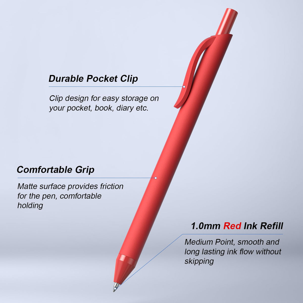 InkSlick Red Ink Pens Bulk 50 Pack 1.0mm Ballpoint Pen for Smooth Writing