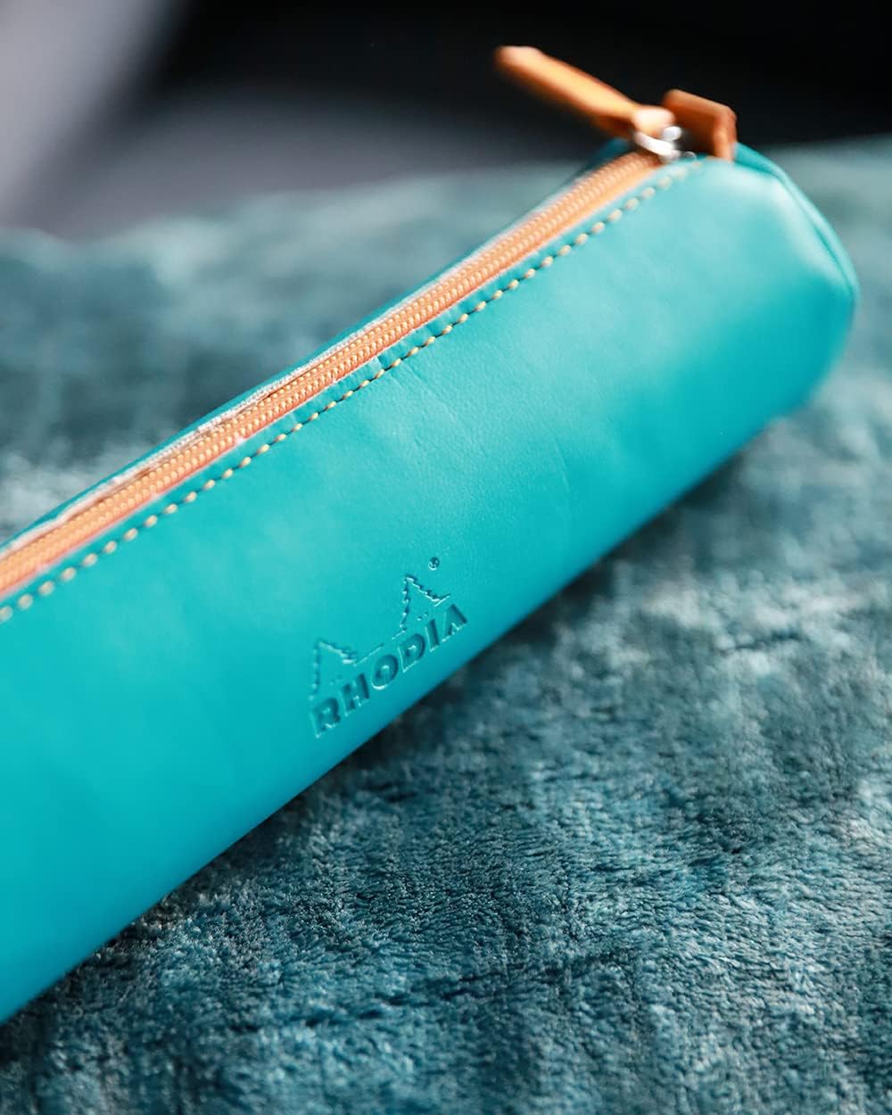 Rhodia 318897C - Rhodiarama Turquoise Round Pencil Case - 21.5 x 5.5 cm - Genuine Orange Stitching