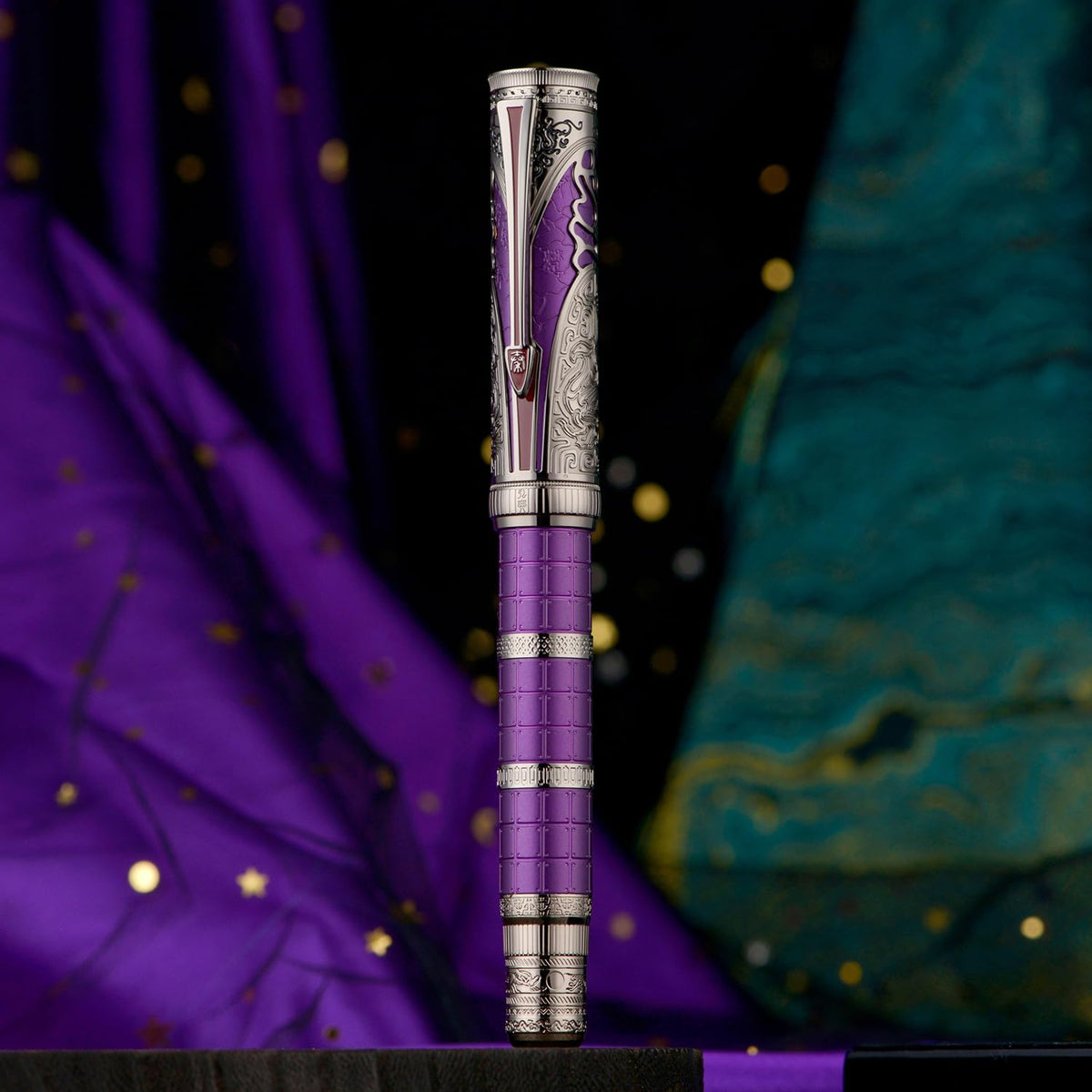 Hongdian D5X Fountain Pen Purple Color Fine Nib, Qin Dynasty Retro Chinese Totem Engraving Smooth