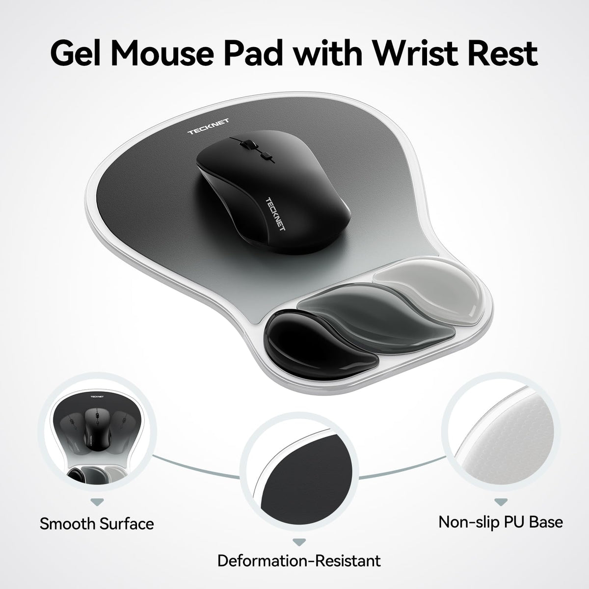 TECKNET Gel Mouse Pad with Wrist Support, Ergonomic Mouse Pad, Gray