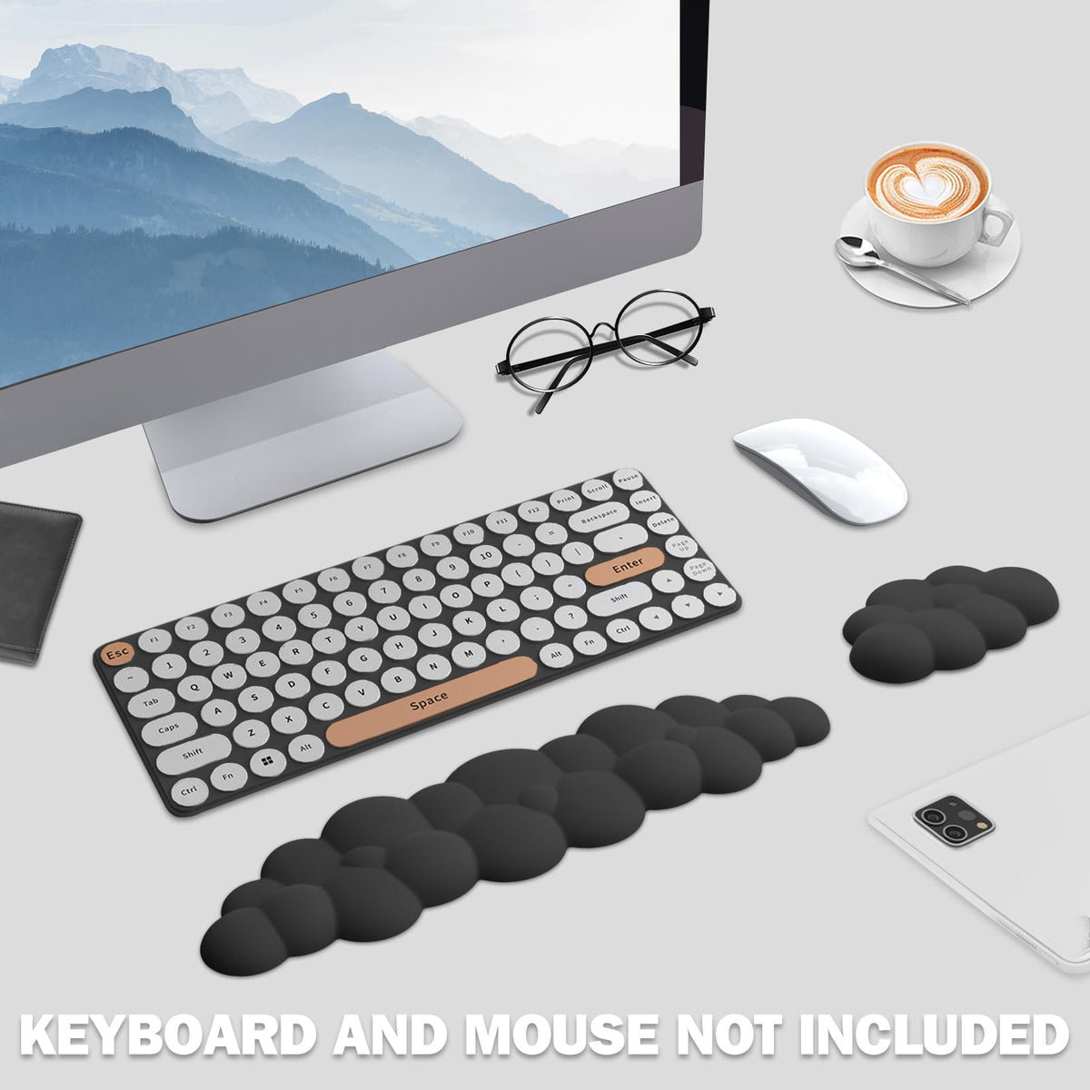 Lauspuck Cloud Keyboard Wrist Rest Pad Set,Enlarge PU Leather Memory Foam Wrist Cushion