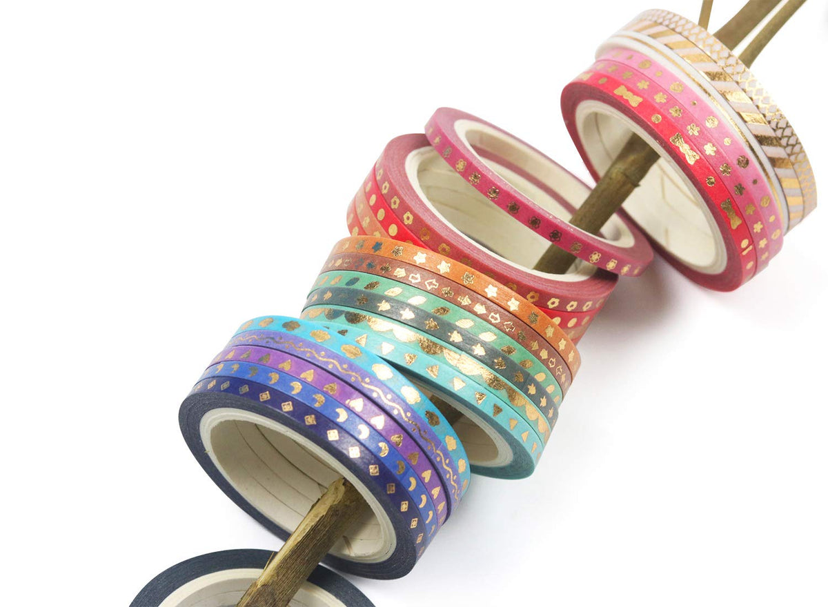 YUBBAEX 24 Rolls Skinny Washi Tape Set Gold Foil Print Decorative Tapes for Arts, DIY Crafts