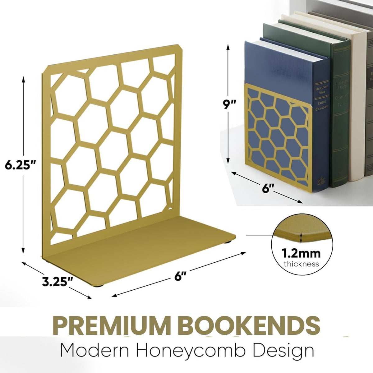 Gold Geometric Honeycomb Metal Bookends - Book Ends for Shelves - Decorative Modern Heavy Duty