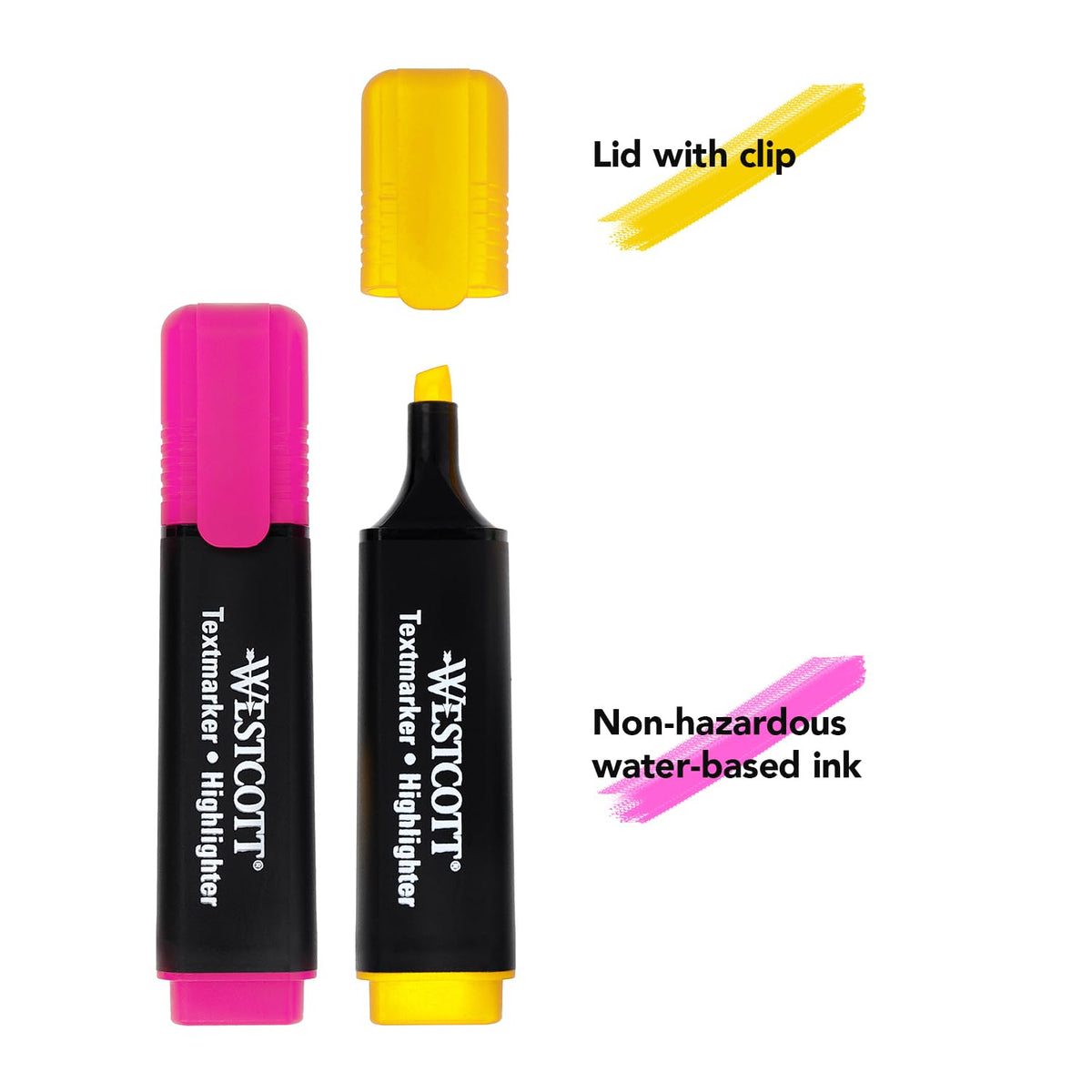 Westcott Highlighters 4 pieces in green, yellow, orange, pink | Pack of 4 brightly coloured