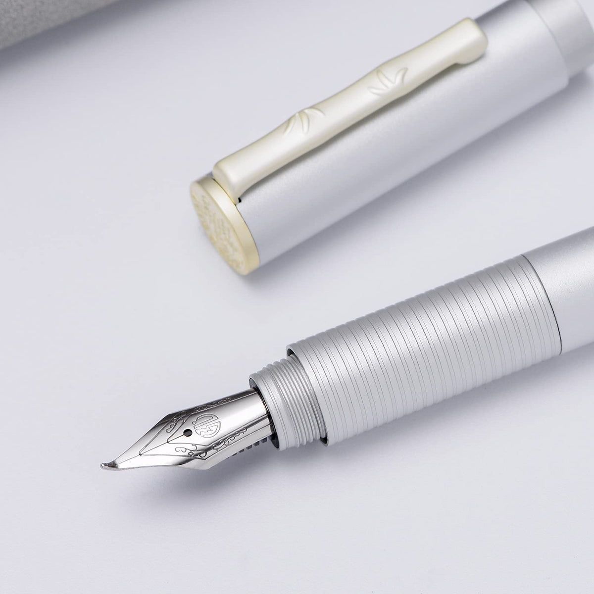 Hongdian H3 Fountain Pen Silver Bent Nib with Bamboo Pen Clip, Black Aluminum Alloy Writing Pen