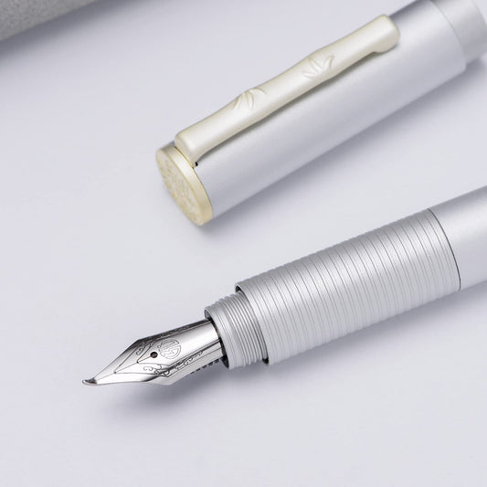 Hongdian H3 Fountain Pen Silver Bent Nib with Bamboo Pen Clip, Black Aluminum Alloy Writing Pen