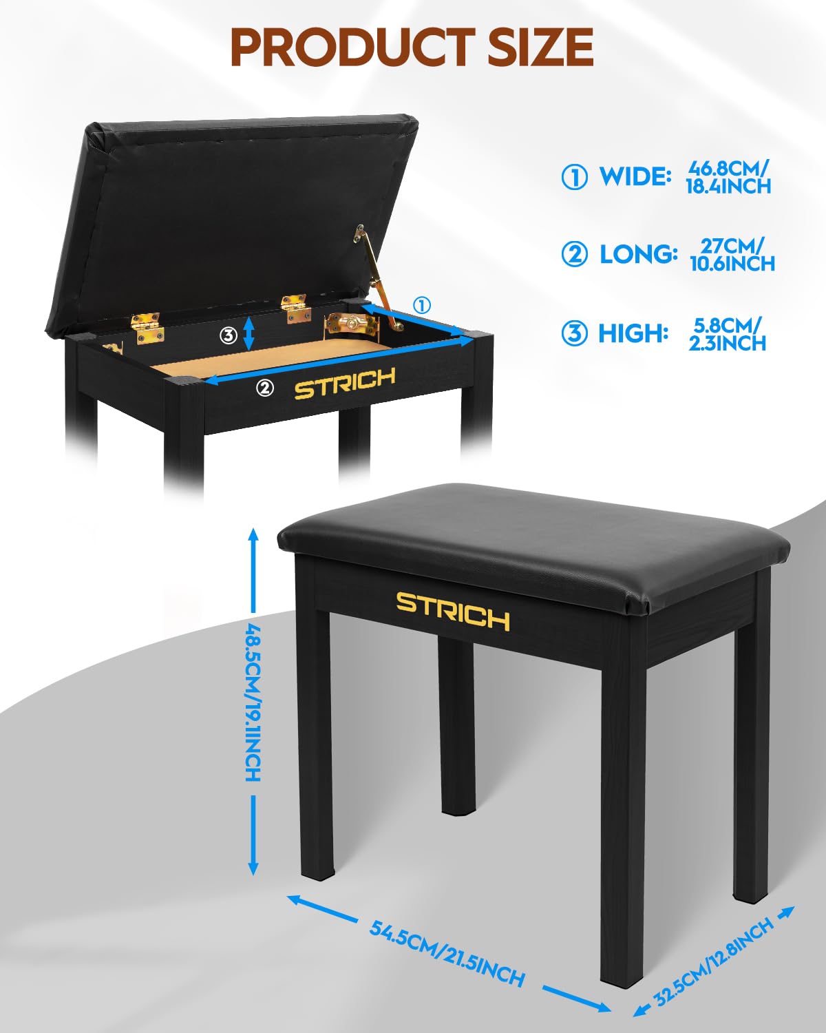 STRICH Piano Bench with Storage, Solid Wood Keyboard Bench Piano Bookcase Stool Chair Seat with