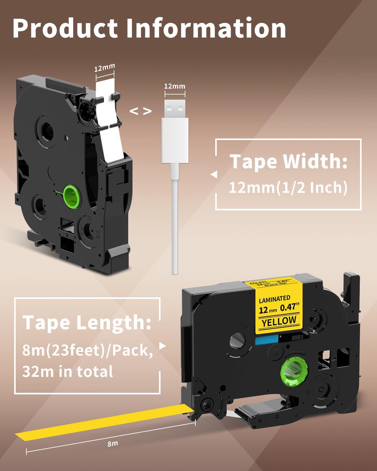 Oozmas Label Tape Yellow Replace for TZe-631 Brother Label Maker Tape 12mm
