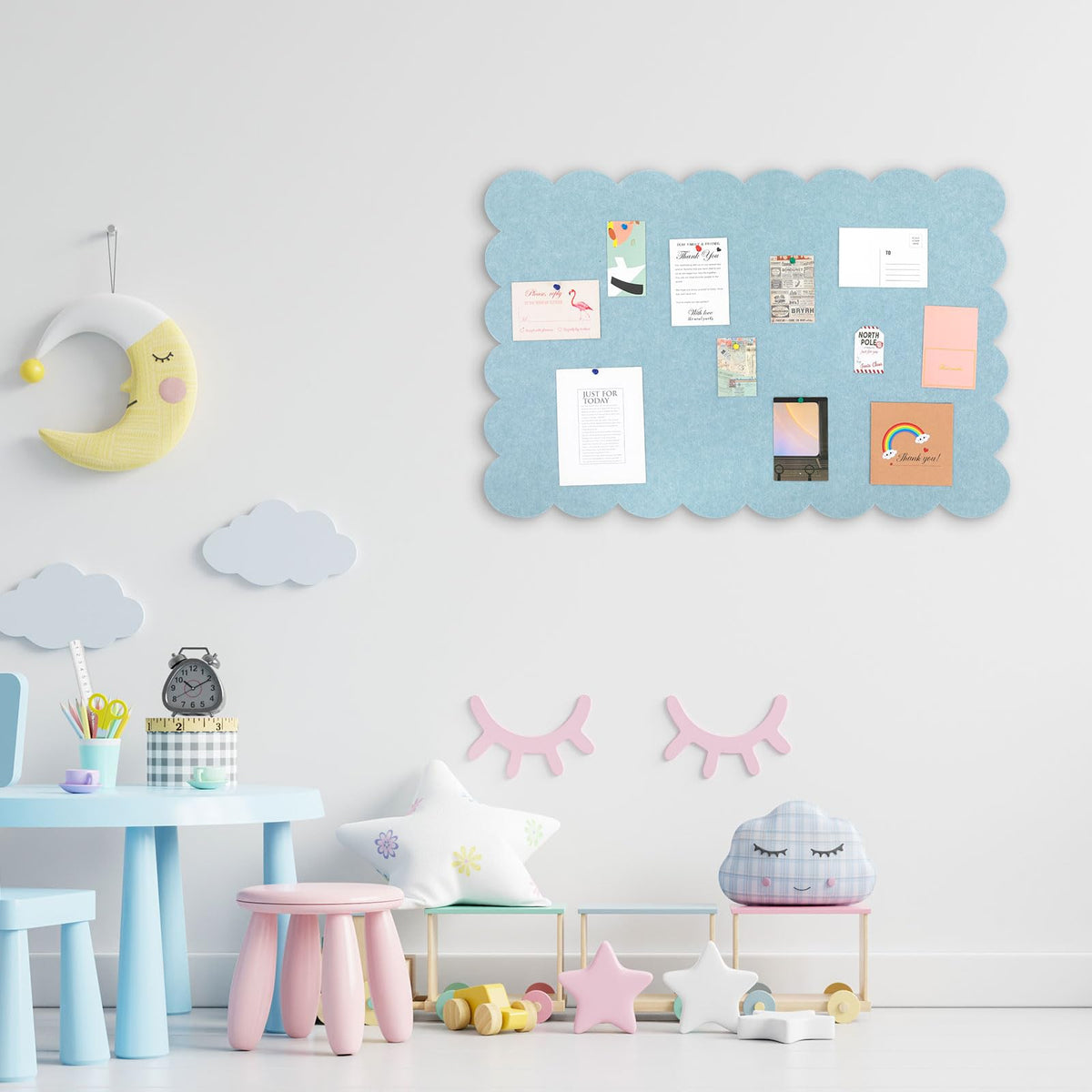 Mooliwe Scalloped Felt Bulletin Cork Board Foldable Light Blue 24 * 18 Inch