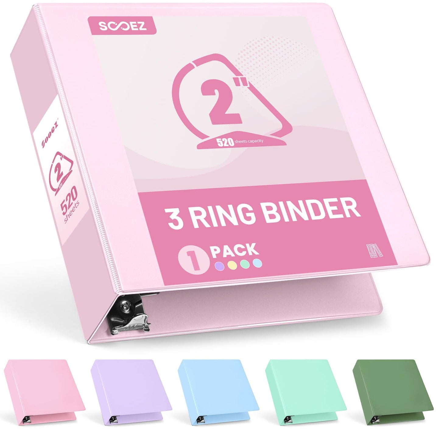 Sooez 3 Ring Binder 2 Inch, D-Ring Binder with Pockets, Pink, Letter Size