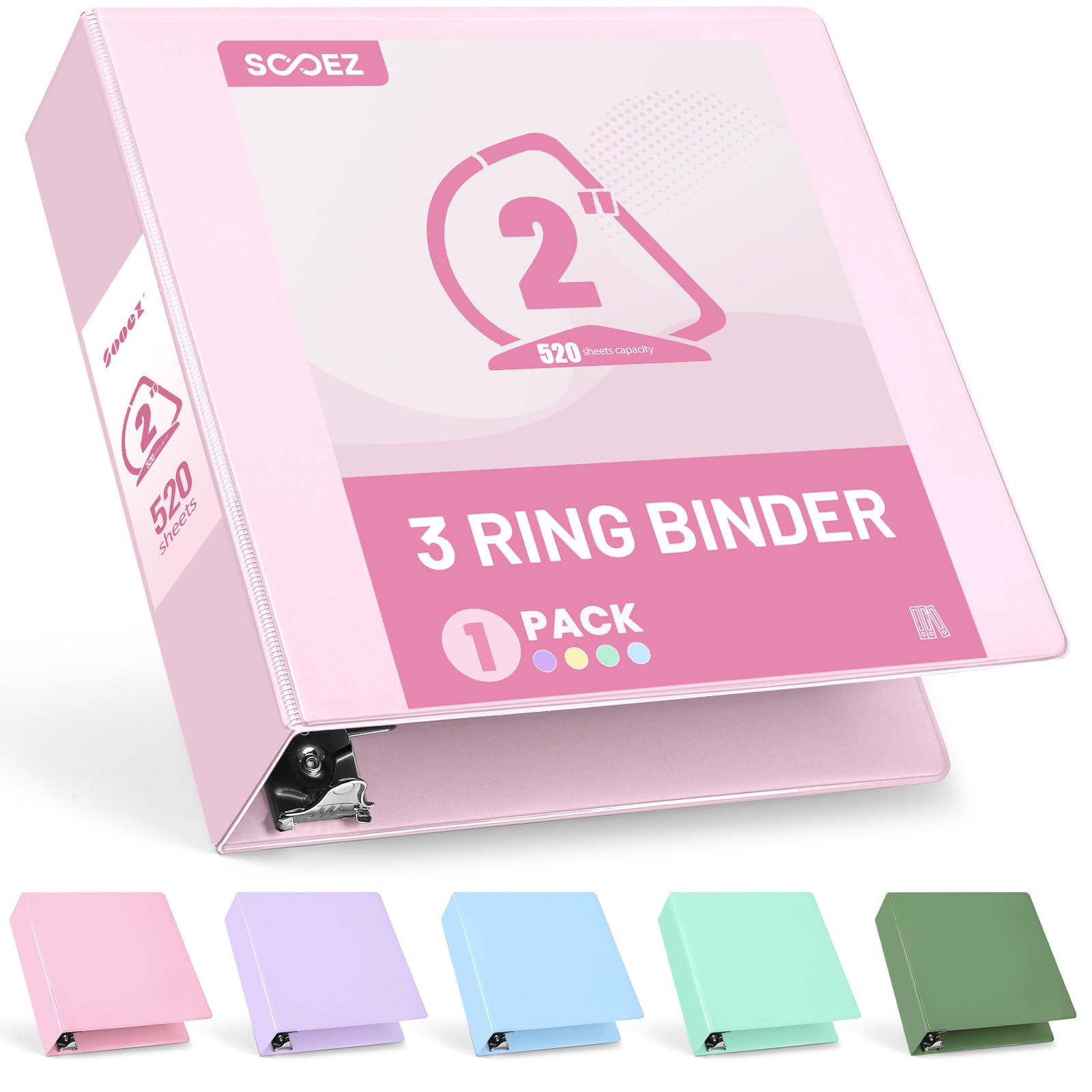 Sooez 3 Ring Binder 2 Inch, D-Ring Binder with Pockets, Pink, Letter Size