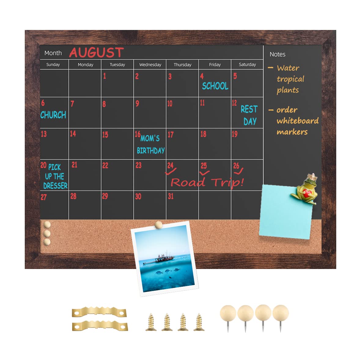 Umtiti Chalkboard Calendar & Cork Bulletin Board，13" x 17" Brown Wood Frame，Magnetic Surface