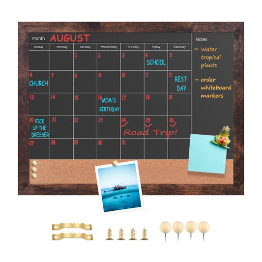 Umtiti Chalkboard Calendar & Cork Bulletin Board，13" x 17" Brown Wood Frame，Magnetic Surface