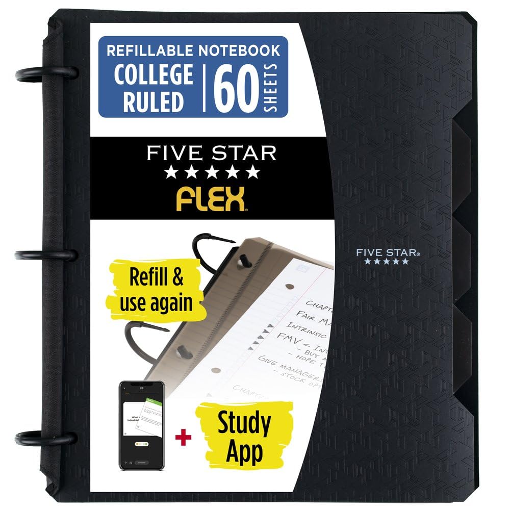 Five Star Flex Refillable Notebook + Study App, College Ruled Paper and 1 Inch TechLock Ring Binder