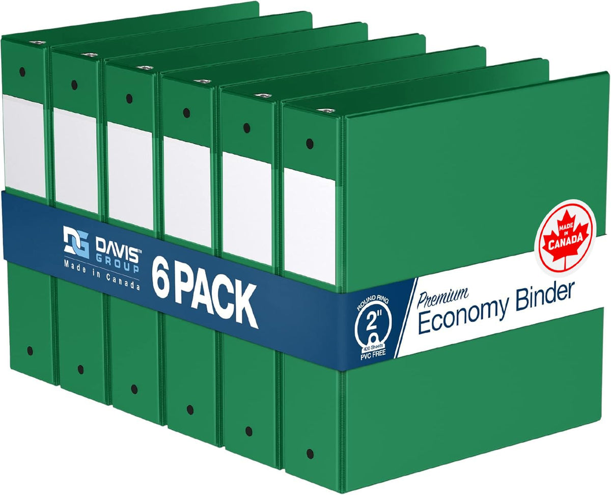 Premium Economy 3-Ring Binder, Spine Label, 2" Round Rings, Green, 6 Pack