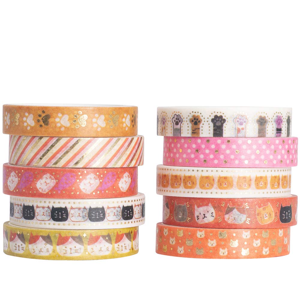YUBBAEX 10 Rolls Sparkling Washi Tape Set 8mm Skinny Gold Foil Decorative Masking Washi Tapes for
