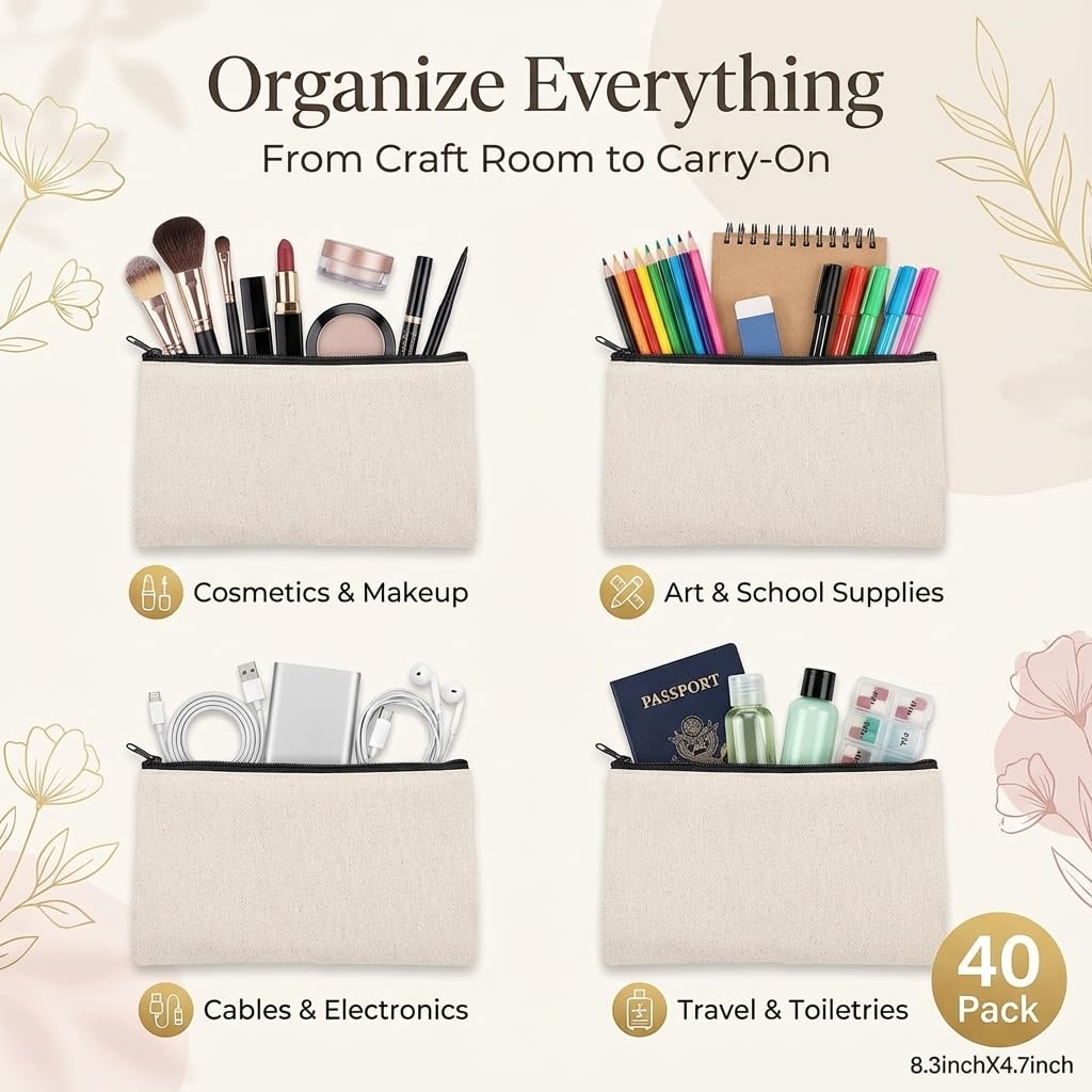 80pcs Blank canvas Zipper Pouch Makeup Bags Bulk, Smooth Zipper Pencil Case