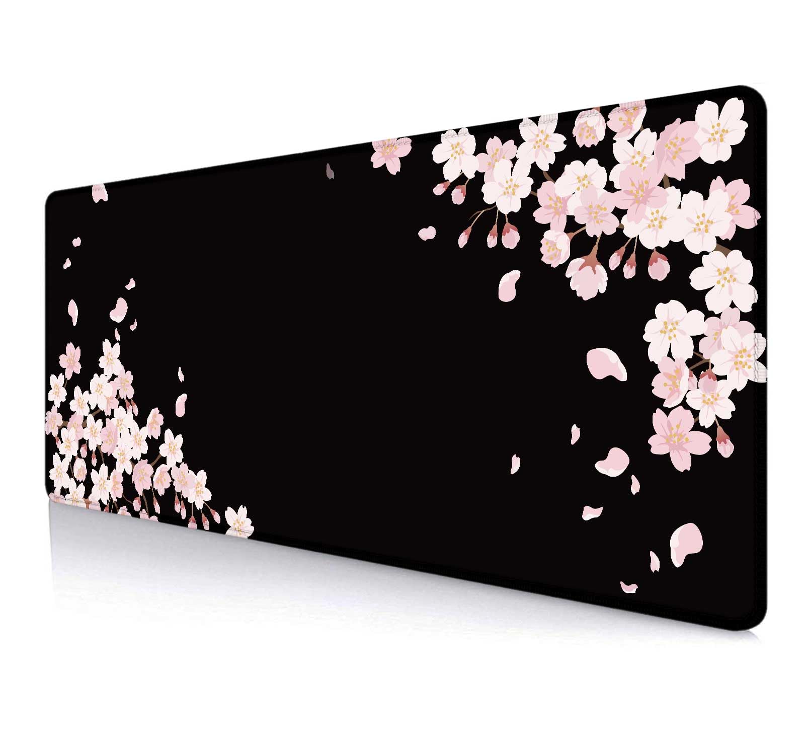 IMAYONDIA Sakura Japanese Desk Mat, Cherry Blossom Large Gaming Mouse Pad, Black Elegant Floral