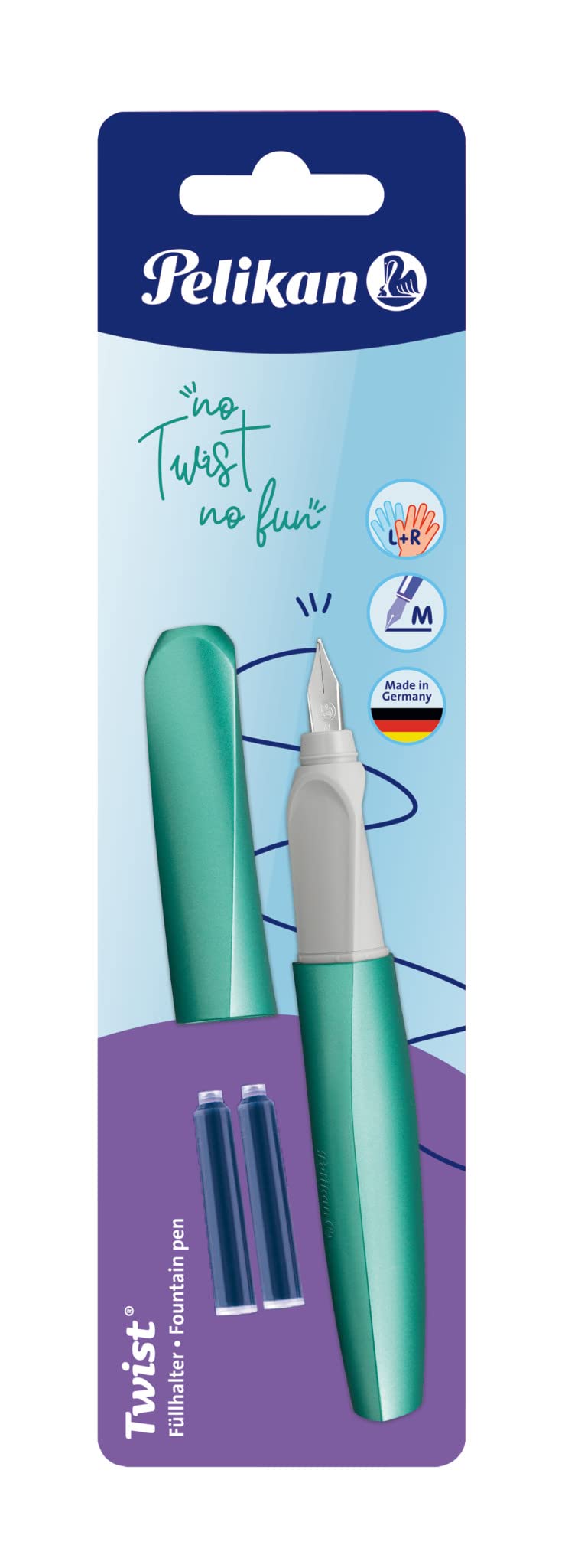 Pelikan Twist Fountain Pen with 2 Ink Cartridges, Medium Nib, Cold Alaska, Blister Card (820172)