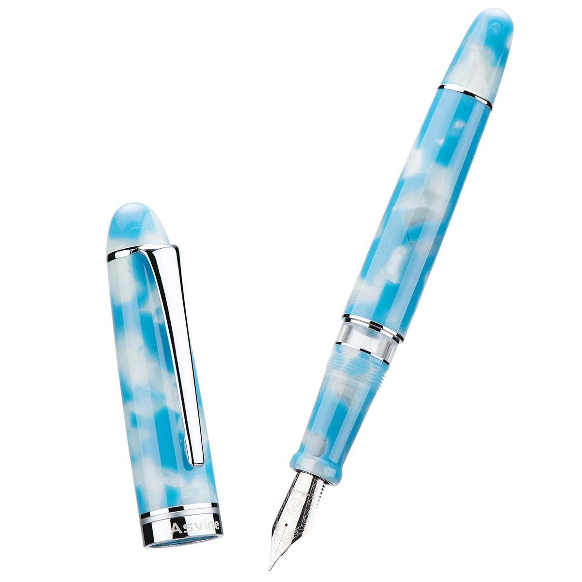 Asvine P50 Piston Fountain Pen Sky Blue Resin, Extra Fine Nib Gold Trim Smooth Writer Collection