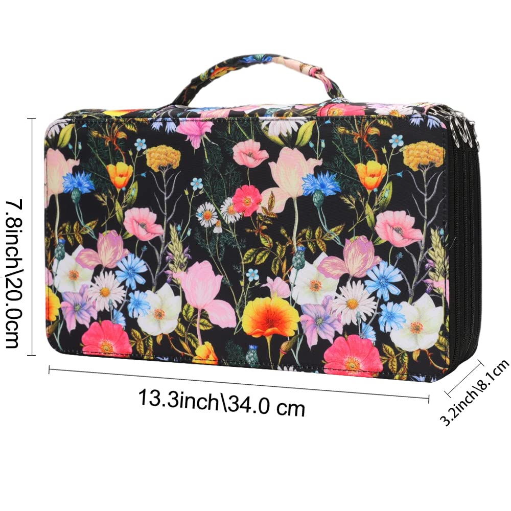 Vomgomfom 300 Slots Marker Case 4-Layer PU Leather, Handle, Black Flower