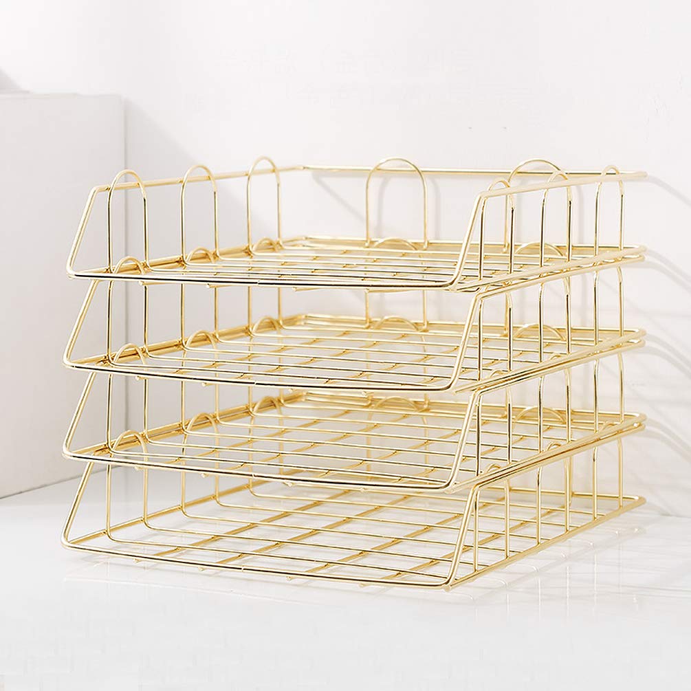 Gold 4-Tier Stackable Paper Tray Desk Organizer