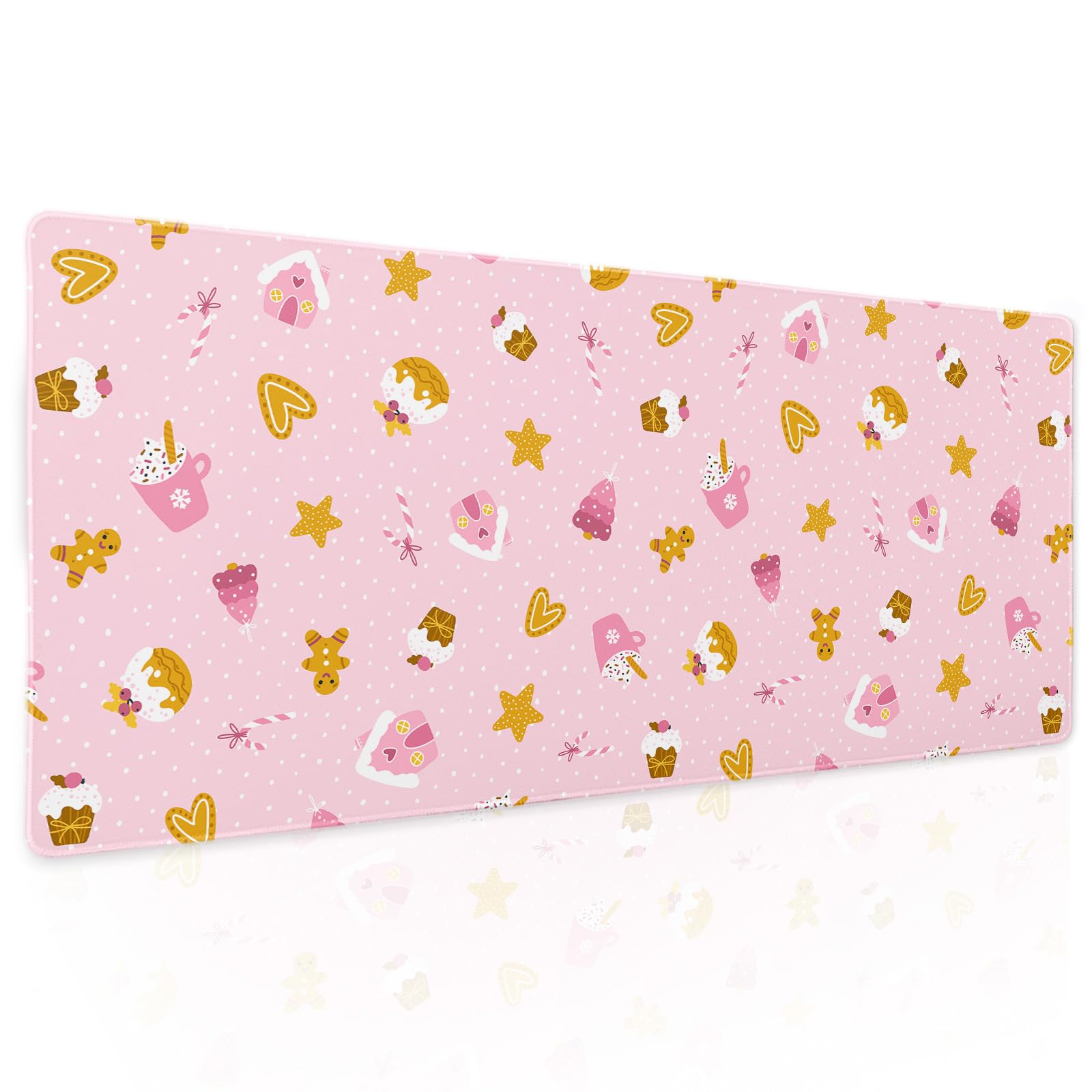 Pink Christmas Gaming Mouse Pad XL Cute Kawaii Cupcake Gingerbread Extended Big Large Desk Mat