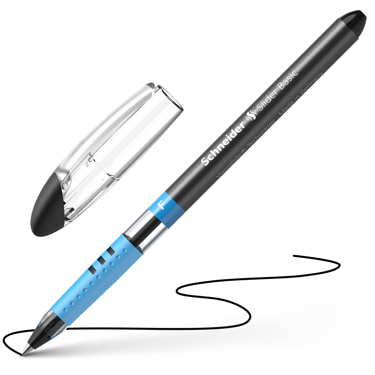 Schneider Slider Basic F (Fine) Ballpoint Pen, 0.7 mm, Transparent Barrel, Black Ink, Box of 10