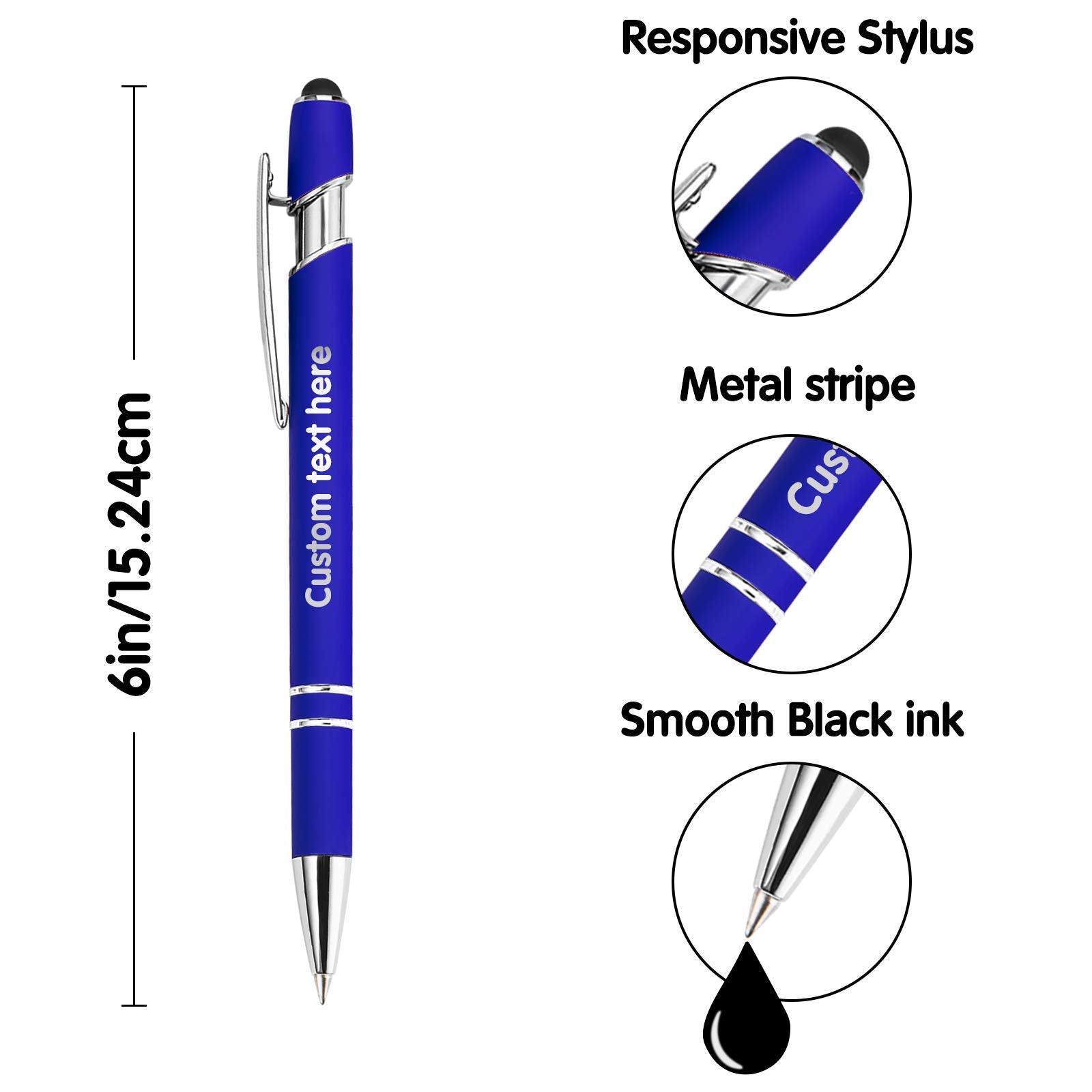 10 Pcs Personalized Pens in Bulk with Stylus Tip - Custom Print with Name 0.5 mm Soft Touch Medium