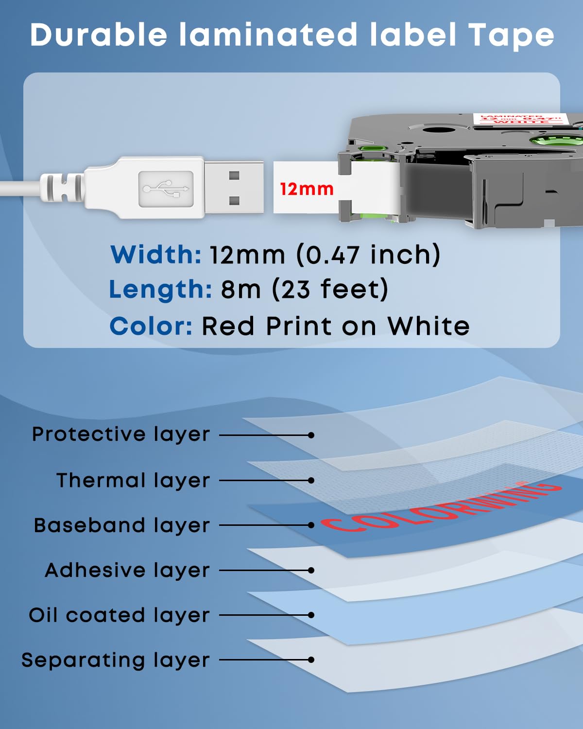 COLORWING TZe-232 Red on White Compatible with Brother P Touch Label Tape TZe232 12mm 0.47" TZ Tape