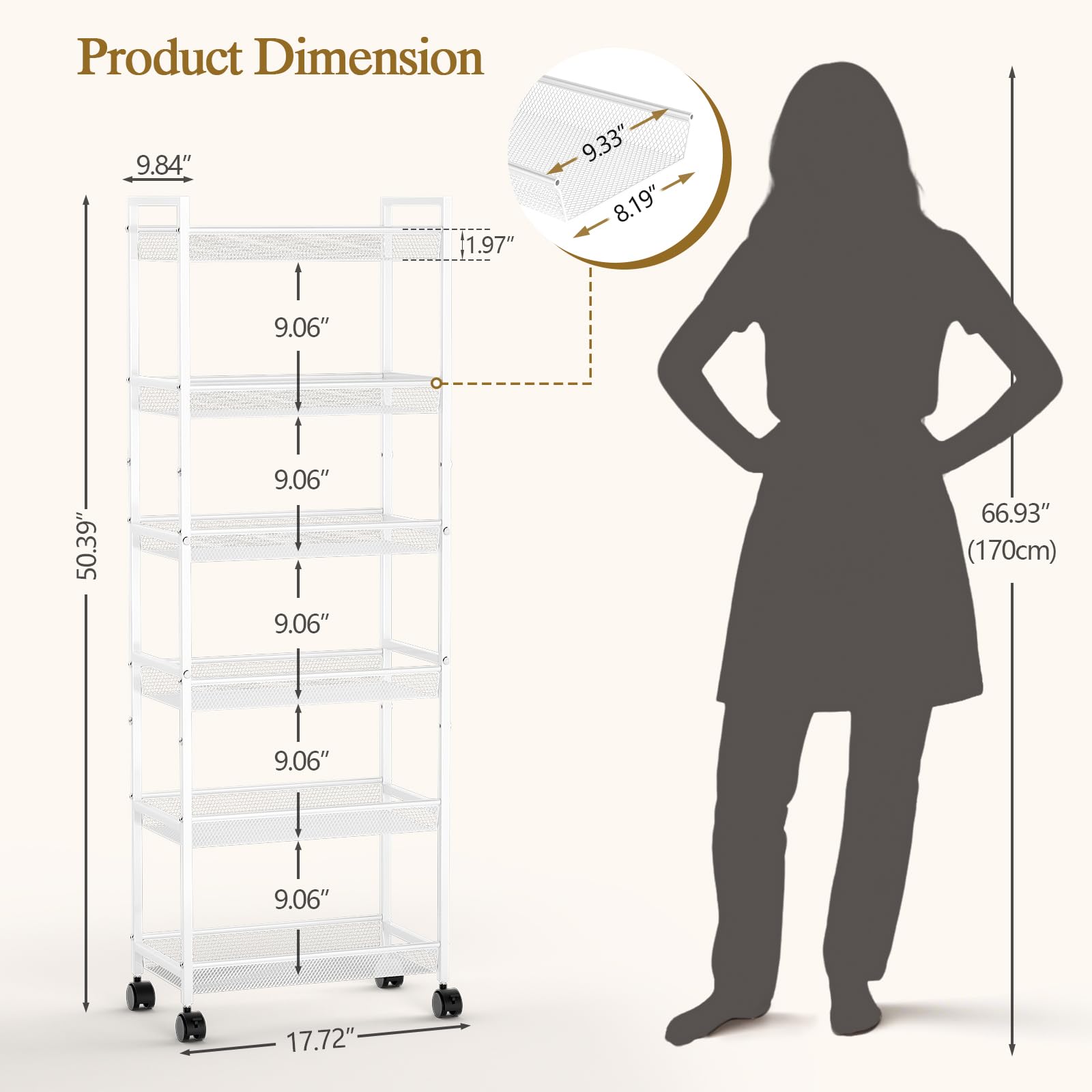 6 Tier Slim Rolling Storage Cart, Narrow Mobile Shelving Unit Organizer Utility Cart with Wheels