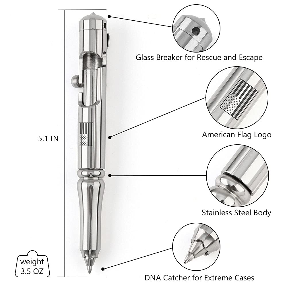 Cool Hand 5.1'' Bolt Action Tactical Pen, Cannon Style Stylus,USA Flag Logo