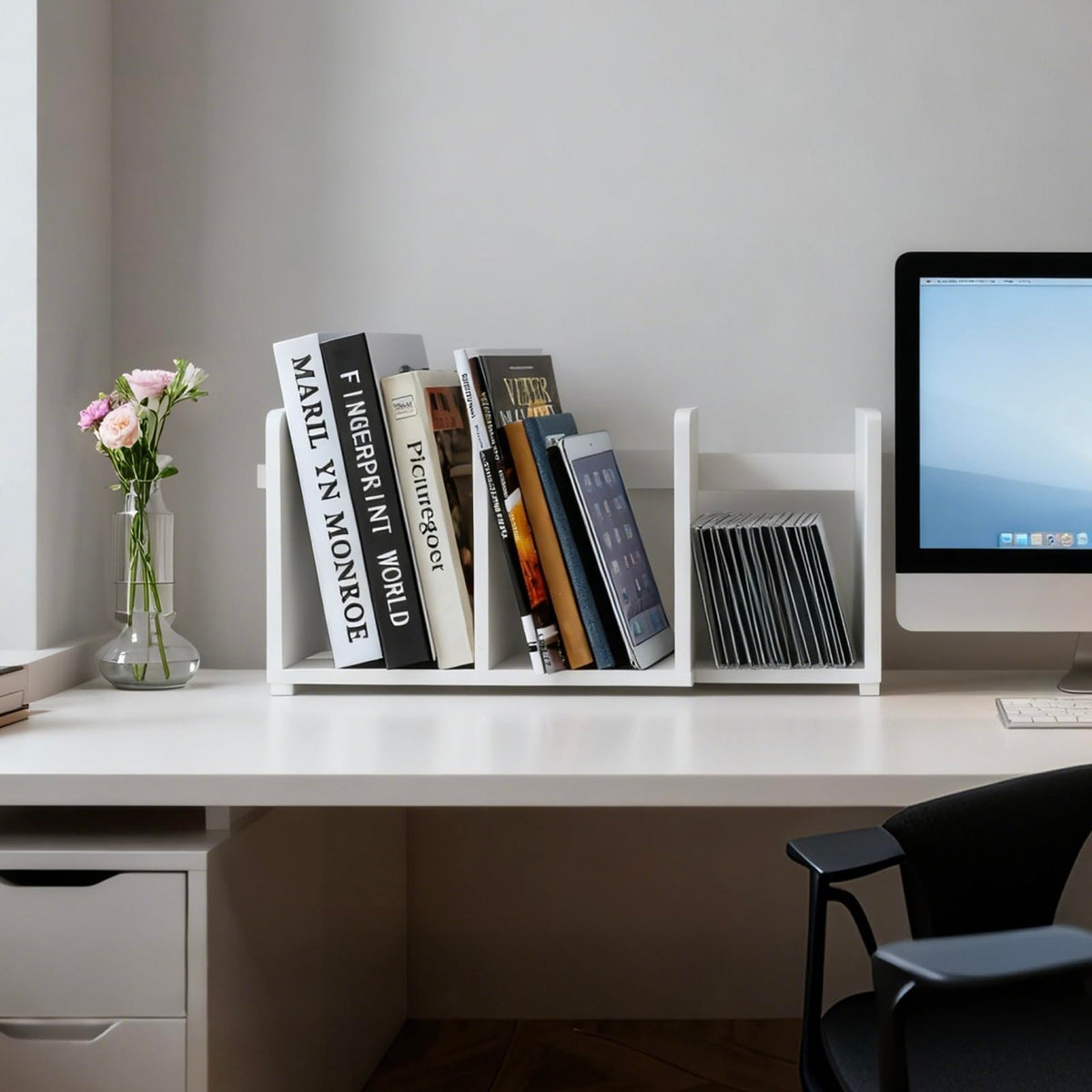 MyGift White Wood Desktop Bookshelf Organizer, Expandable Adjustable Rack