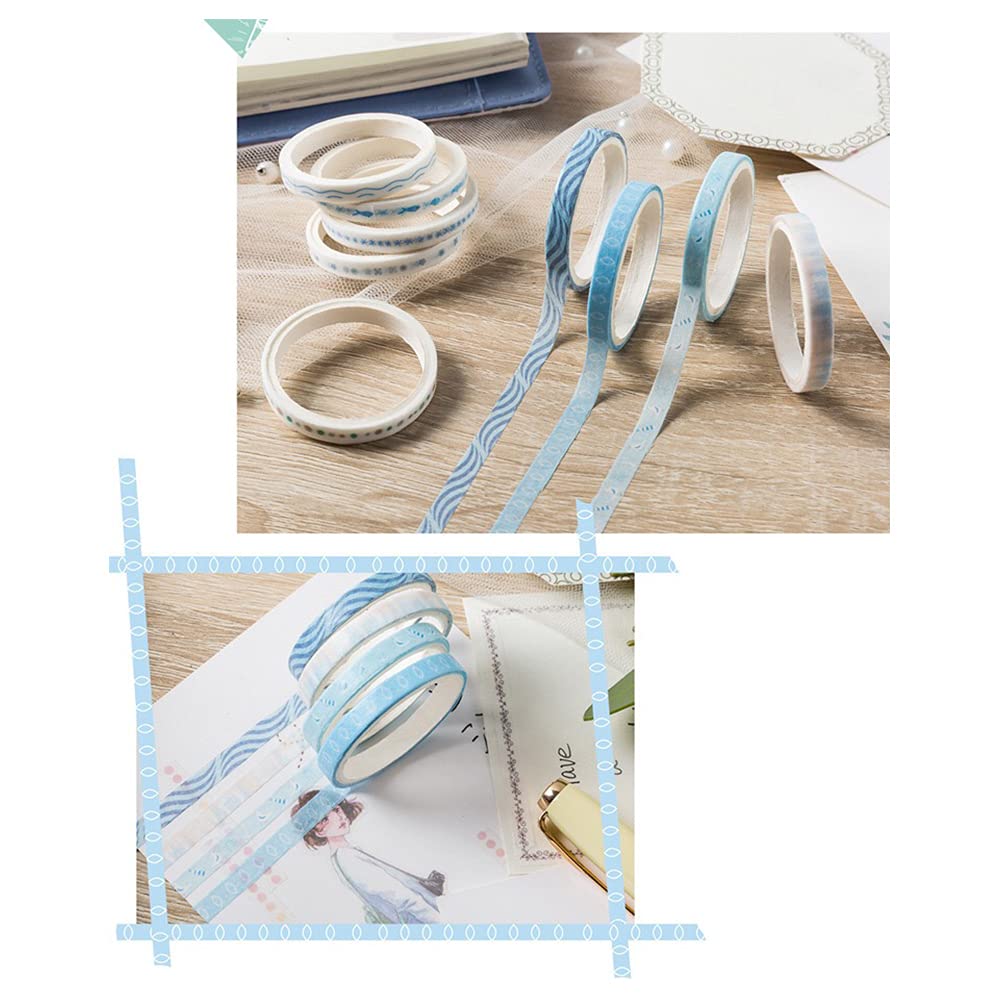ZMLSED Vintage Pattern 5mm Wide Skinny Washi Tapes Set, 10 Rolls Blue Japanese Masking Decorative