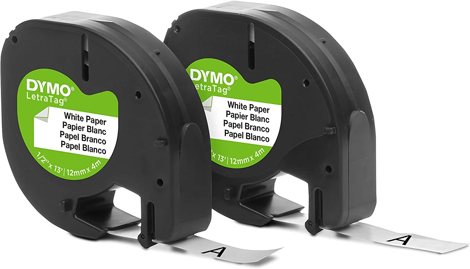 Dymo 10697 Self-Adhesive White Paper Labeling Tape for LetraTag, 2 Blister Packs (4 Refills), Black