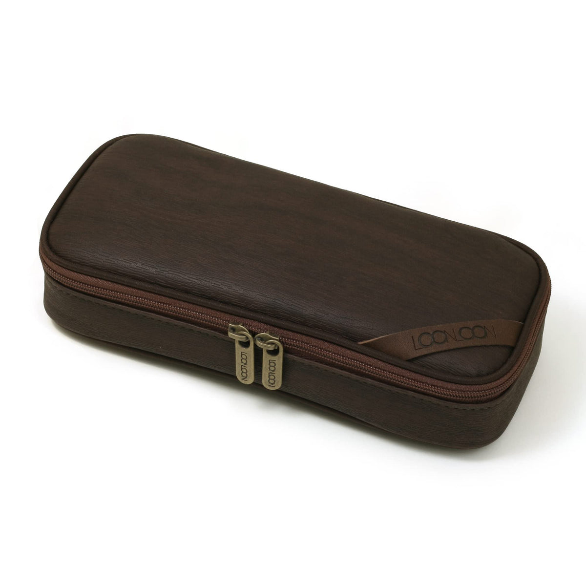 LOONLOON 664 Wood PU Leather Pencil Case, Two-Tier Pen Pouch, Dark Brown